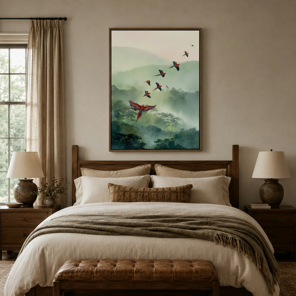 Scarlet macaw rainforest watercolor canvas hung above walnut bed in warm neutral bedroom