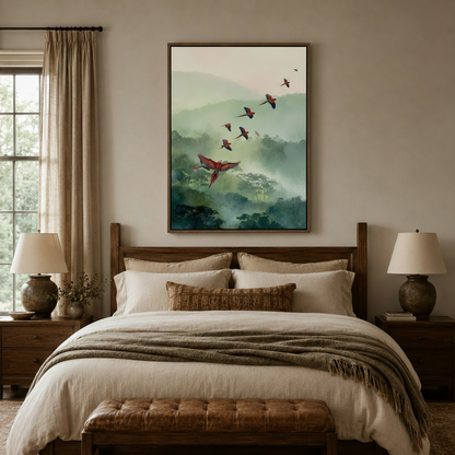 Scarlet macaw rainforest watercolor canvas hung above walnut bed in warm neutral bedroom
