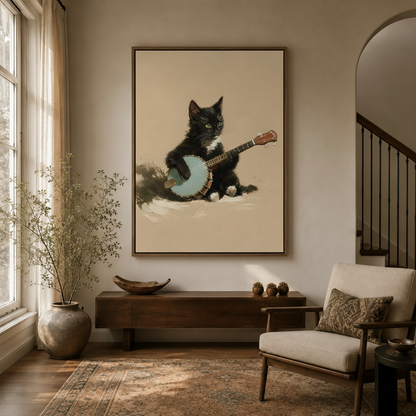Banjo cat impasto canvas wall art displayed above a wooden console in a warm entryway