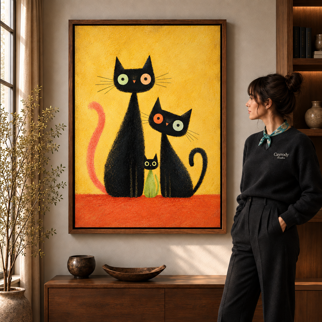 Whimsical black cat canvas wall art in a wood frame beside a woman and wooden console.