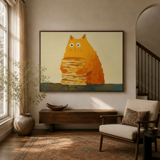 Funny cat pancake canvas wall art framed in entryway above wooden console with armchair