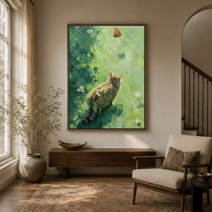 Cat butterfly meadow impressionist canvas wall art in dark walnut float frame above entryway console with dried branch arrangement