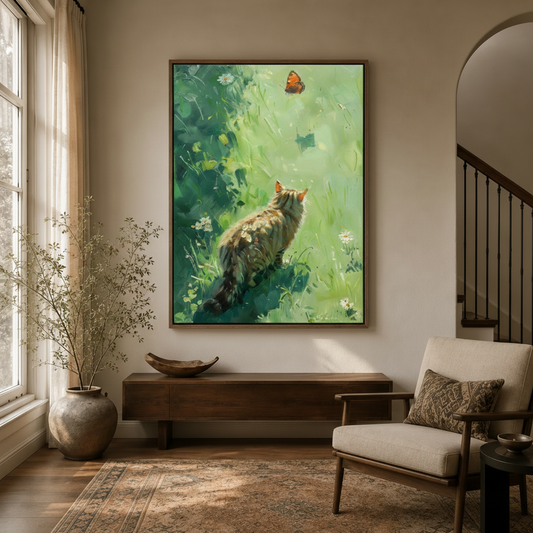 Cat butterfly meadow impressionist canvas wall art in dark walnut float frame above entryway console with dried branch arrangement