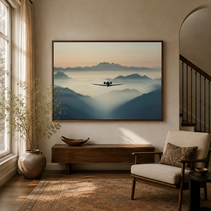 Drone above misty mountain ranges canvas wall art displayed in warm neutral living room