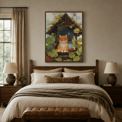 Whimsical orange cat cottage canvas wall art in dark frame displayed above bed in cozy bedroom