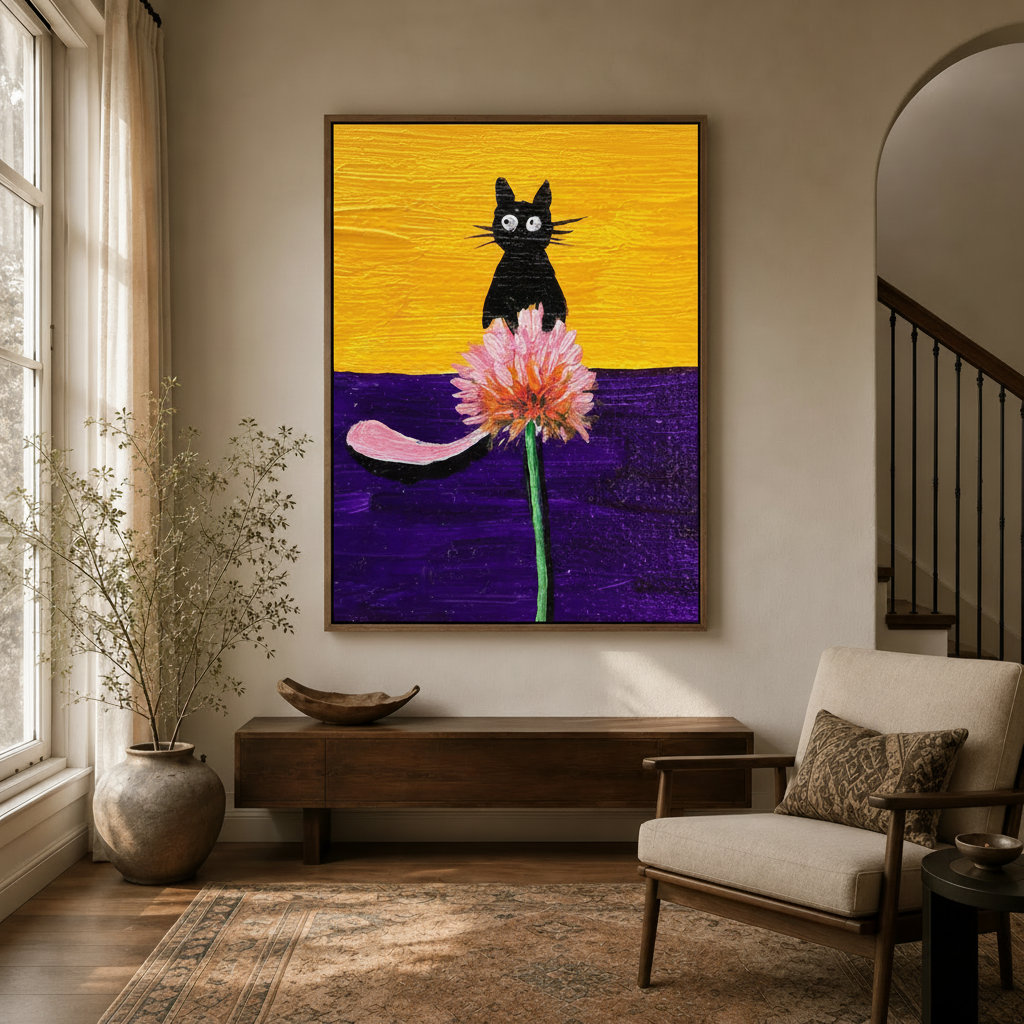 Black cat flower impasto canvas art displayed in warm entryway with walnut console and dried branches