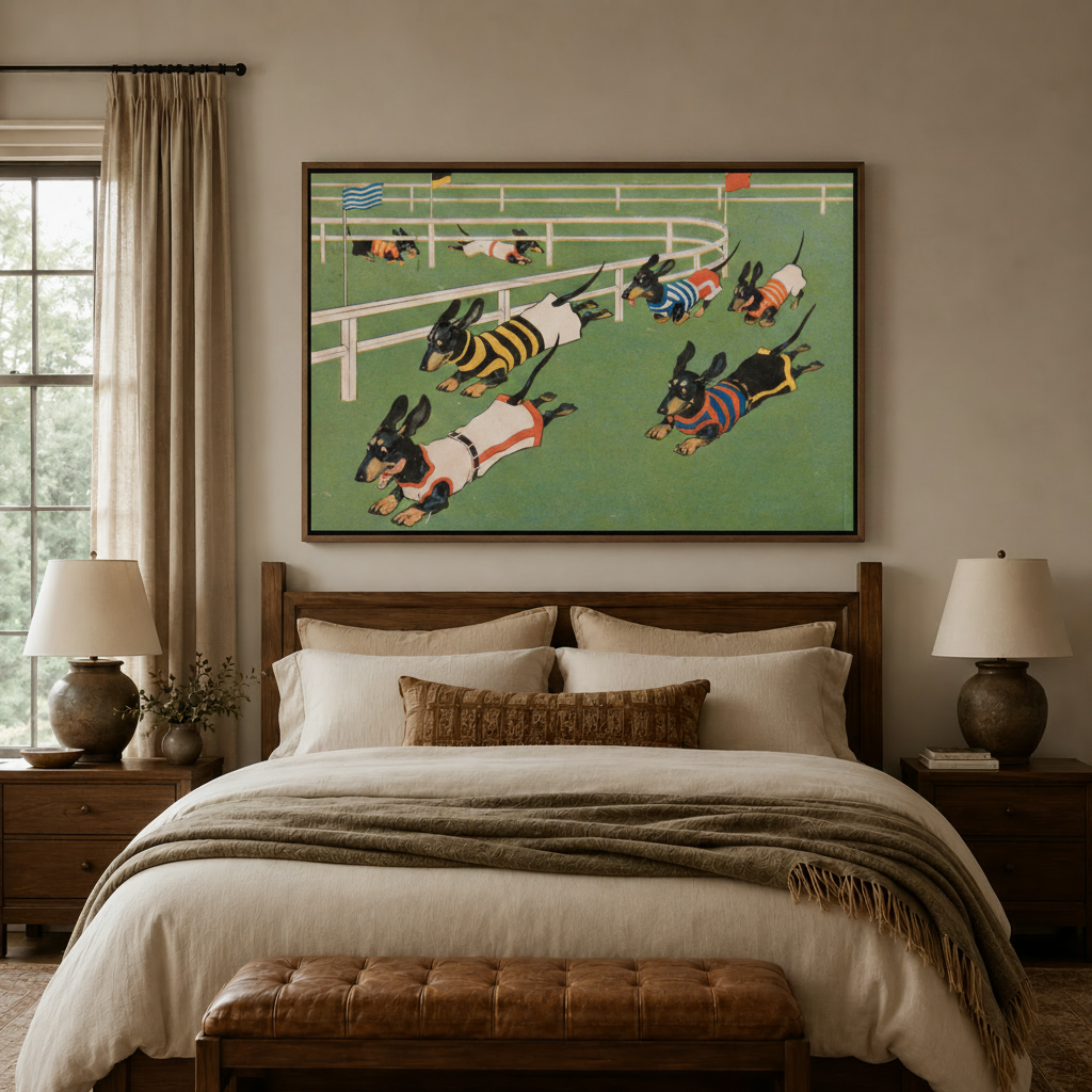 Dachshund race vintage cartoon canvas wall art displayed above warm neutral bedroom headboard