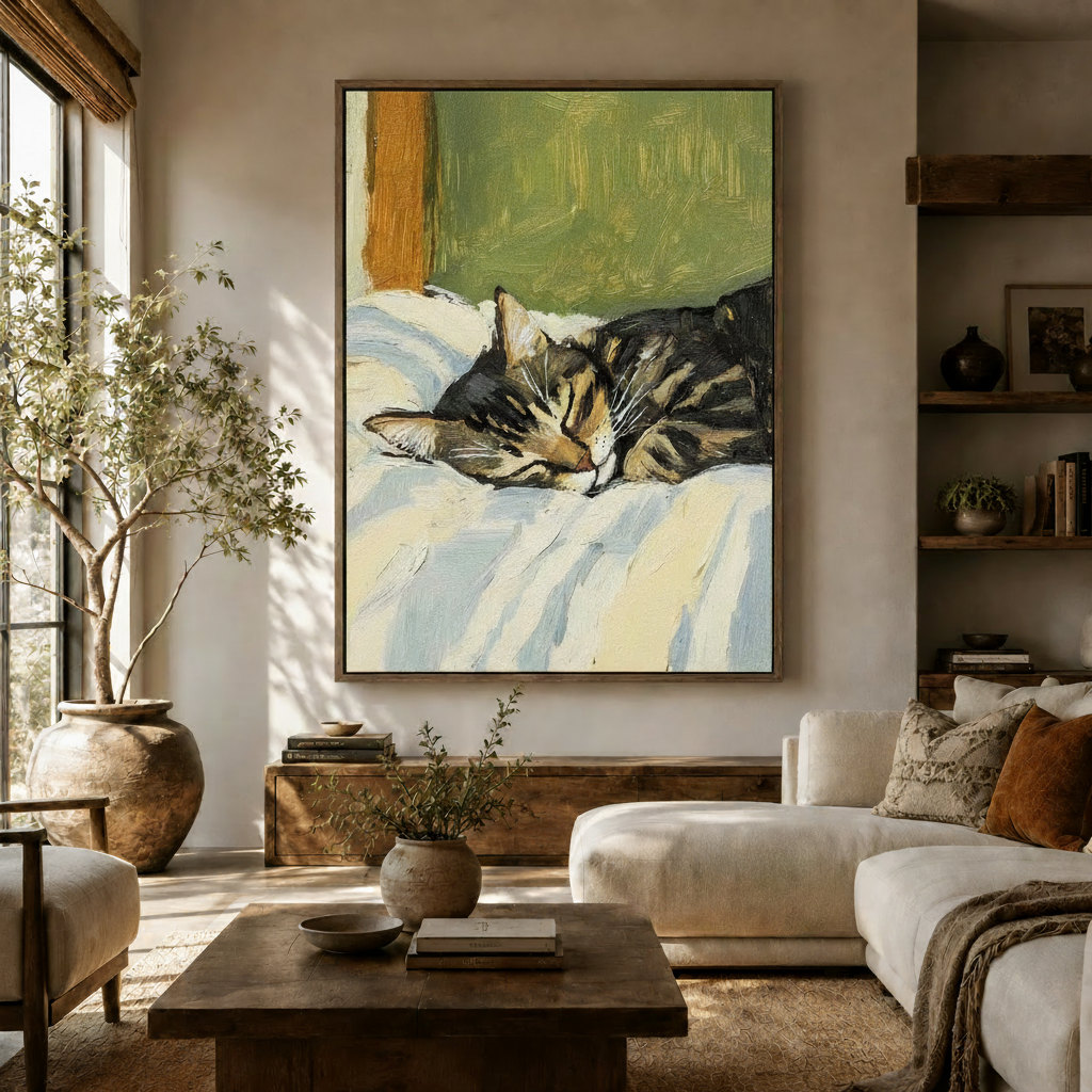 Impressionist sleeping tabby cat wall art in dark walnut floating frame above console in warm Japandi living room