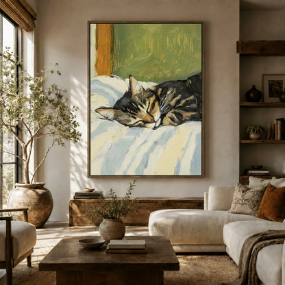 Impressionist sleeping tabby cat wall art in dark walnut floating frame above console in warm Japandi living room