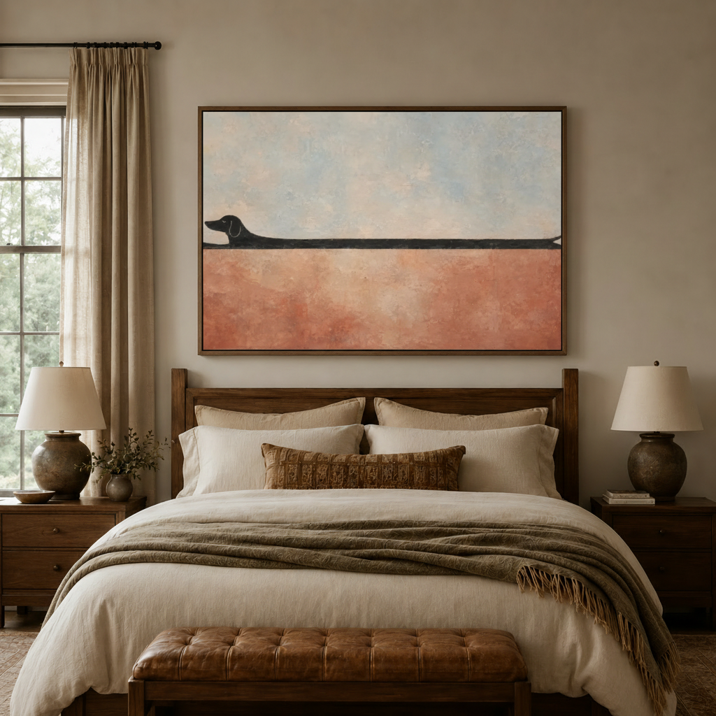 Long dachshund minimalist canvas wall art in dark walnut float frame above warm neutral bedroom headboard