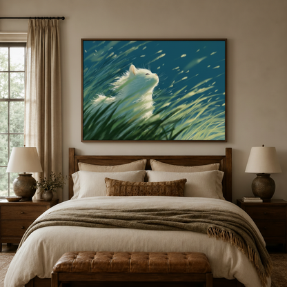 White cat wind grass Ghibli anime canvas wall art displayed above warm neutral bedroom headboard