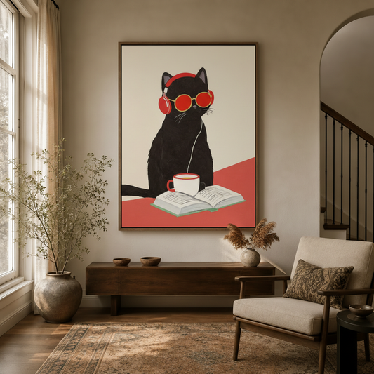 Cool cat illustration canvas wall art displayed in warm neutral entryway with console table