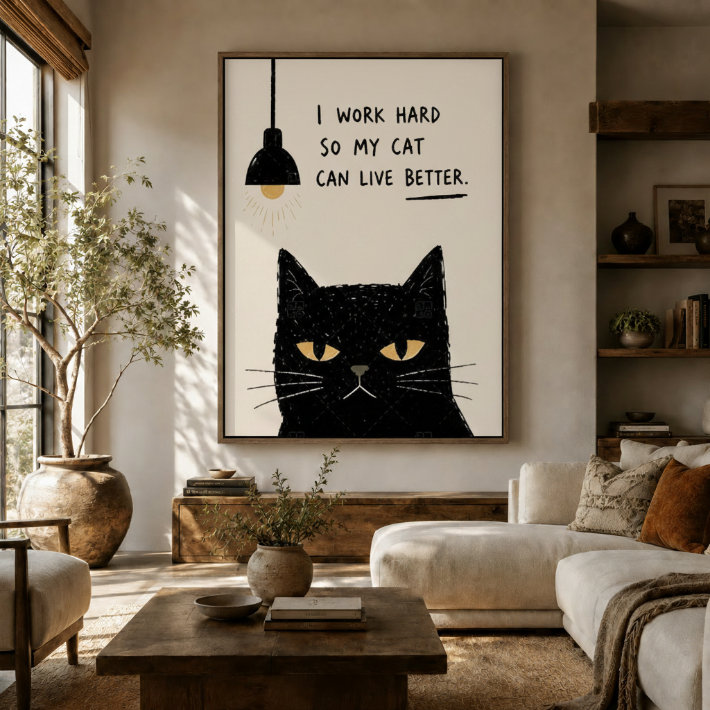 Funny black cat quote canvas wall art displayed above sofa in modern neutral living room