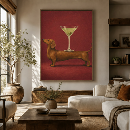 Dachshund martini canvas print hanging above wooden sideboard in warm boho living room