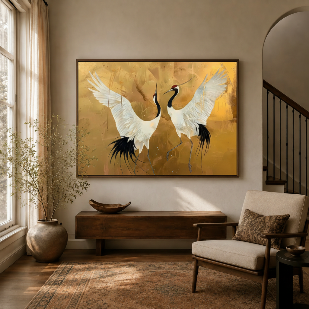 Dancing red-crowned cranes gold canvas in dark walnut frame displayed in warm entryway with dried branch vase