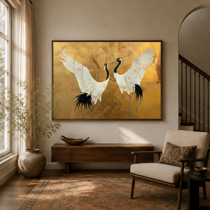 Dancing red-crowned cranes gold canvas in dark walnut frame displayed in warm entryway with dried branch vase