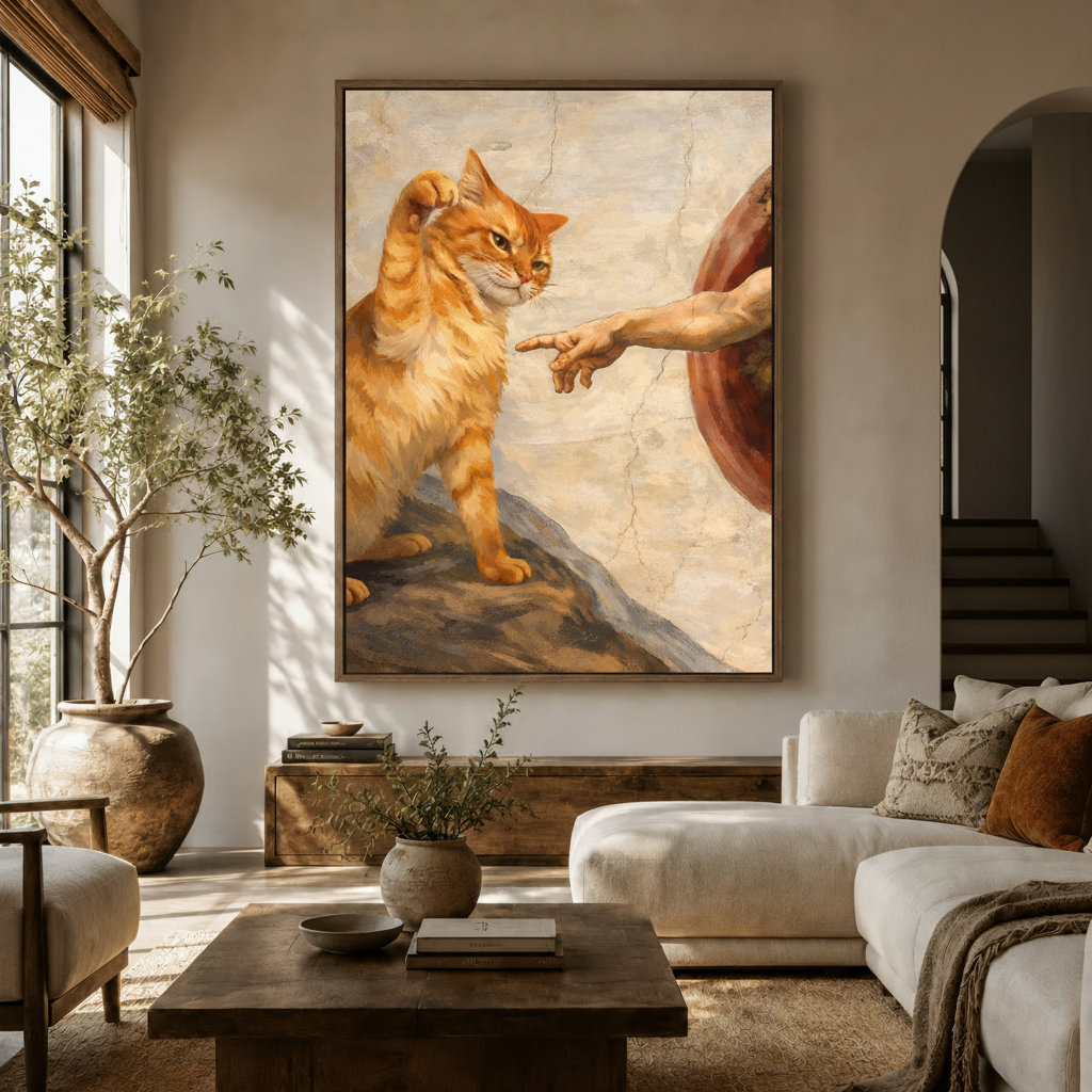 Funny cat Creation of Adam canvas print displayed in a warm neutral living room above a wooden console