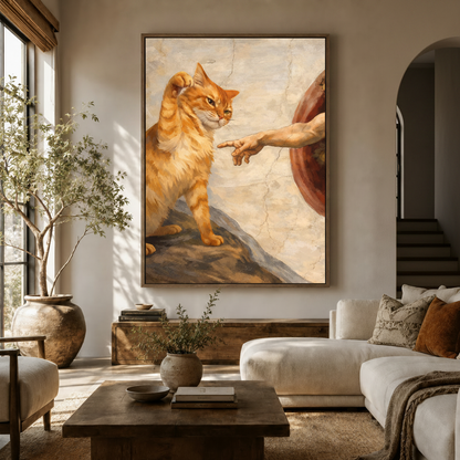 Funny cat Creation of Adam canvas print displayed in a warm neutral living room above a wooden console