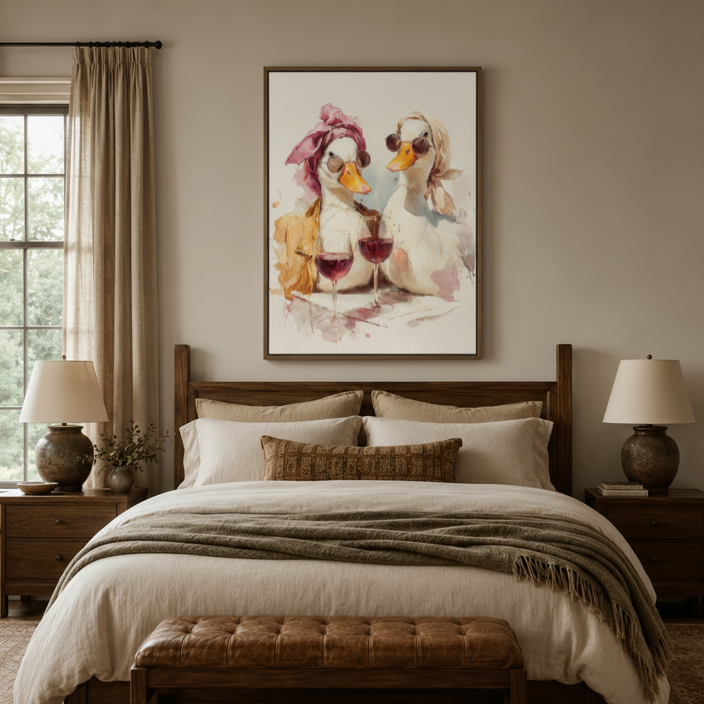 Funny duck watercolor canvas art displayed above bed in cozy rustic bedroom