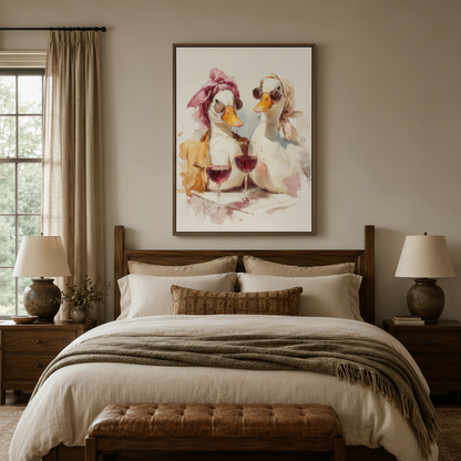 Funny duck watercolor canvas art displayed above bed in cozy rustic bedroom