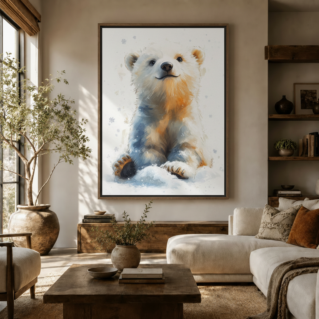 Baby polar bear canvas wall art hung above white sofa in bright boho living room with natural light