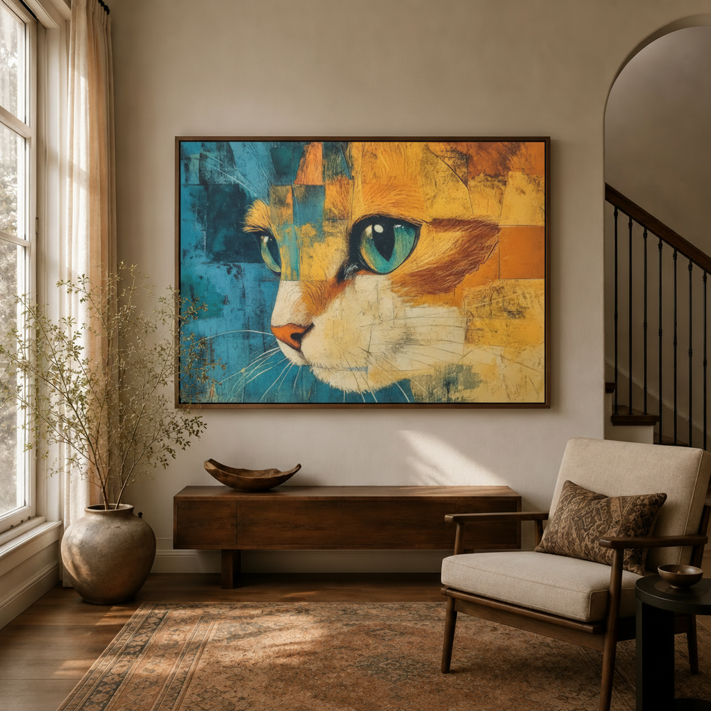 Bold mixed media cat canvas wall art displayed in a warm-toned living room entryway