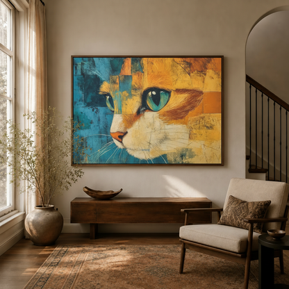 Bold mixed media cat canvas wall art displayed in a warm-toned living room entryway