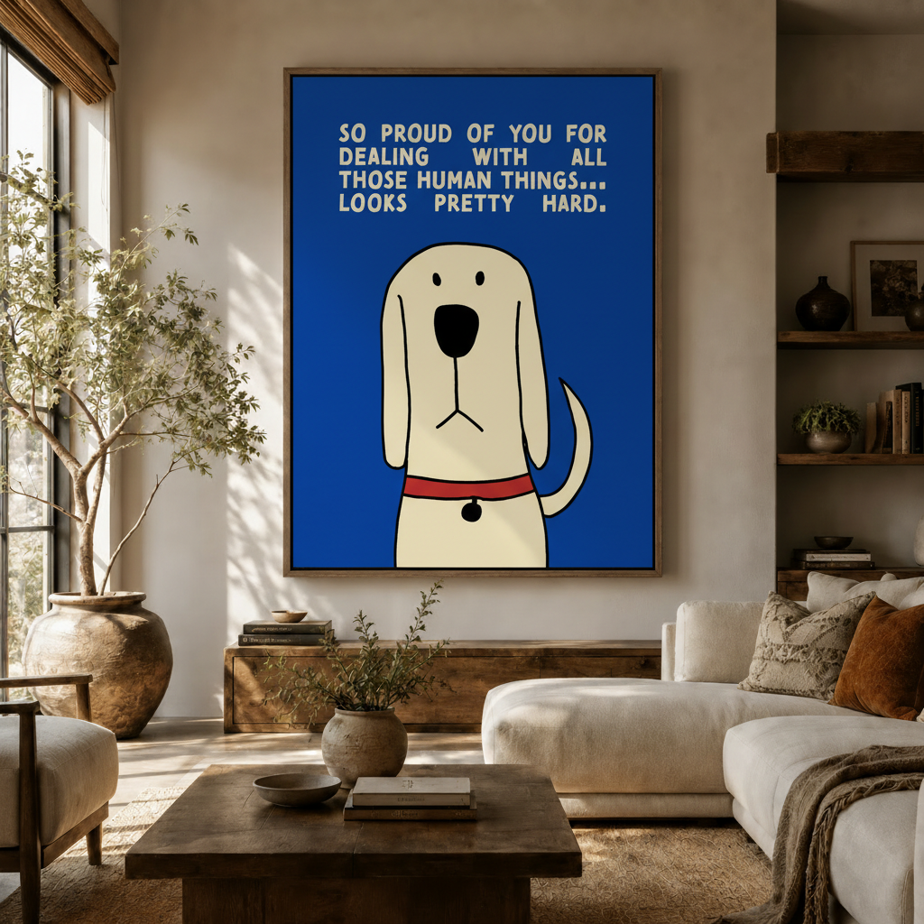 Funny dog quote canvas print displayed above sofa in warm modern living room