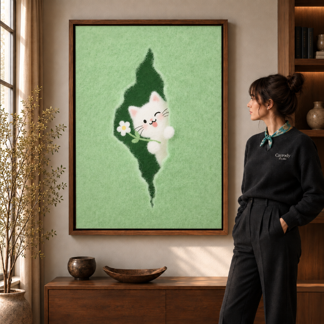 Whimsical white cat canvas wall art in a walnut frame beside a woman in dark clothing.