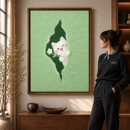 Whimsical white cat canvas wall art in a walnut frame beside a woman in dark clothing.