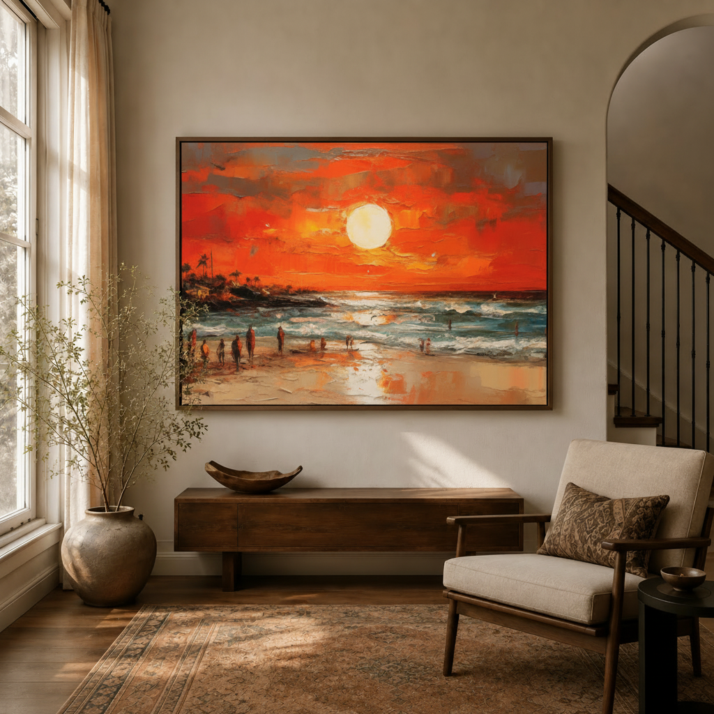 Beach sunset impasto canvas print in dark walnut float frame hung in warm living room entryway