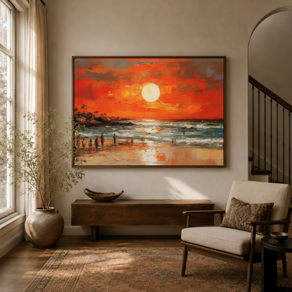 Beach sunset impasto canvas print in dark walnut float frame hung in warm living room entryway