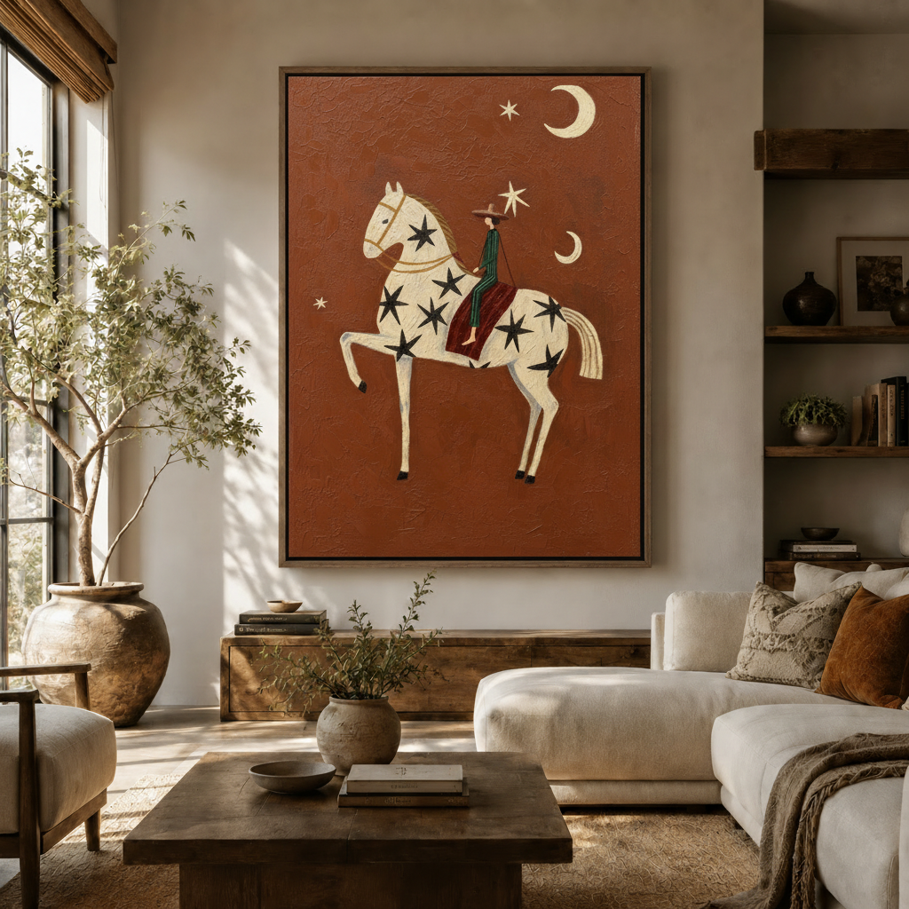  Folk art horse and rider canvas print displayed in warm living room above wooden sideboard