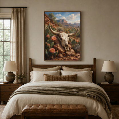 Longhorn skull desert cactus canvas wall art displayed above bed in neutral warm bedroom