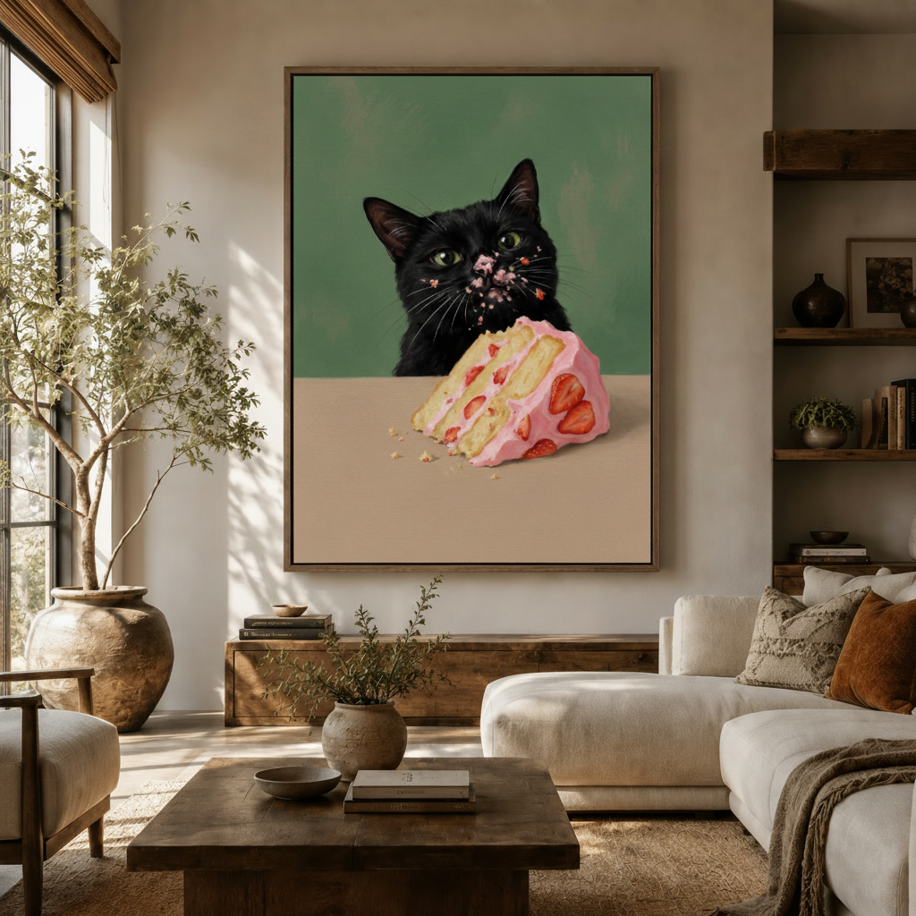 Realist black cat caught eating pink strawberry cake canvas print in cozy living room interior