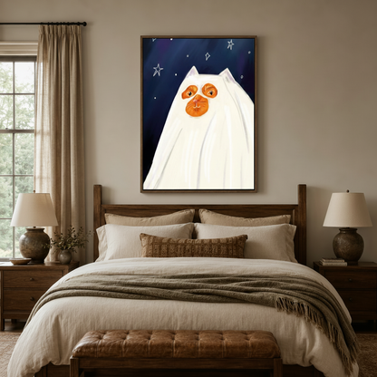 Whimsical ghost cat under starry night sky canvas print displayed above bedroom headboard