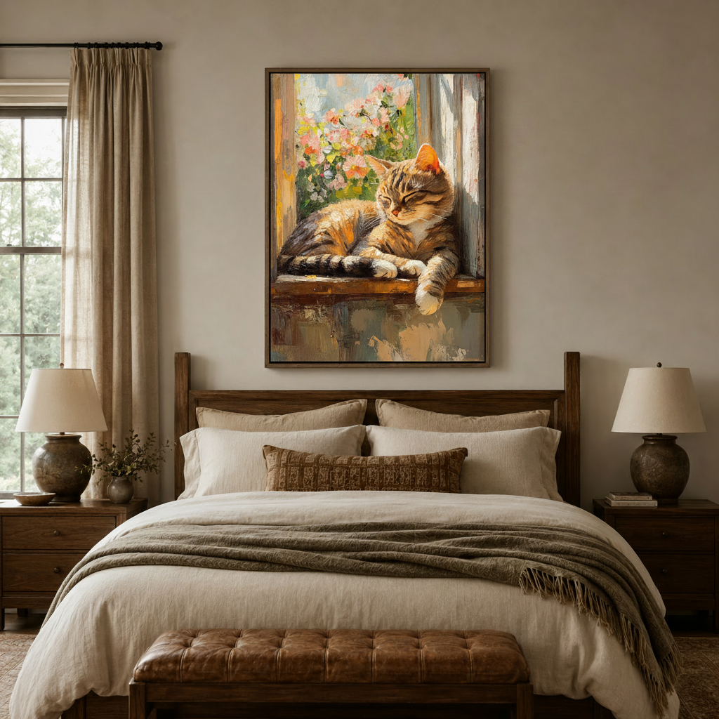  Tabby cat sunny window impasto canvas wall art in dark frame above bed in warm bedroom