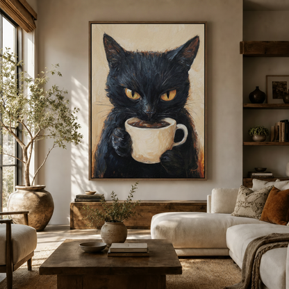 Black cat coffee oil painting canvas art displayed in a warm modern living room above a sofa