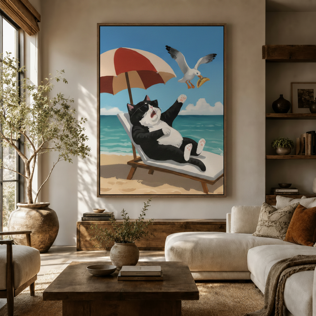 Funny beach cat pop art canvas print hanging in warm living room above wooden console