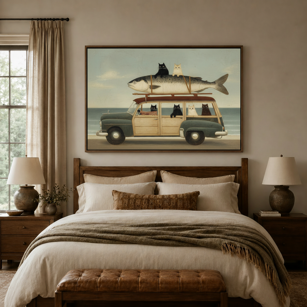 Cats road trip vintage folk art canvas wall art displayed above warm neutral bedroom headboard dark walnut frame