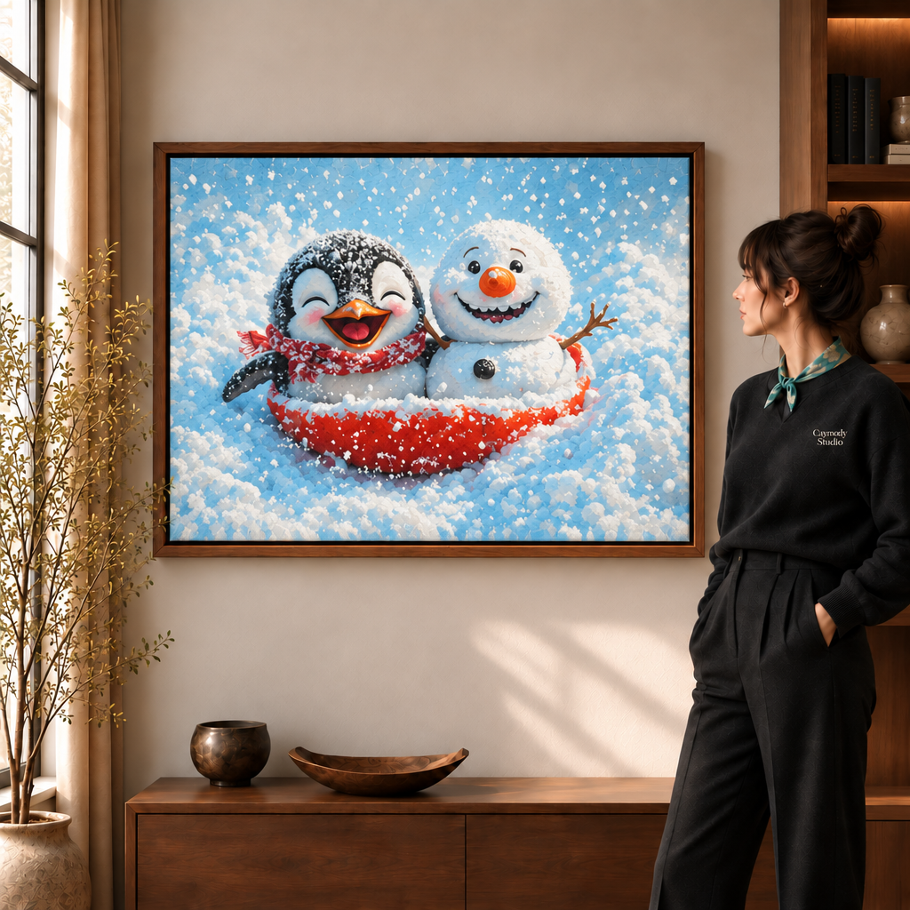 Penguin and snowman winter canvas wall art in a walnut frame beside a woman wearing a scarf.