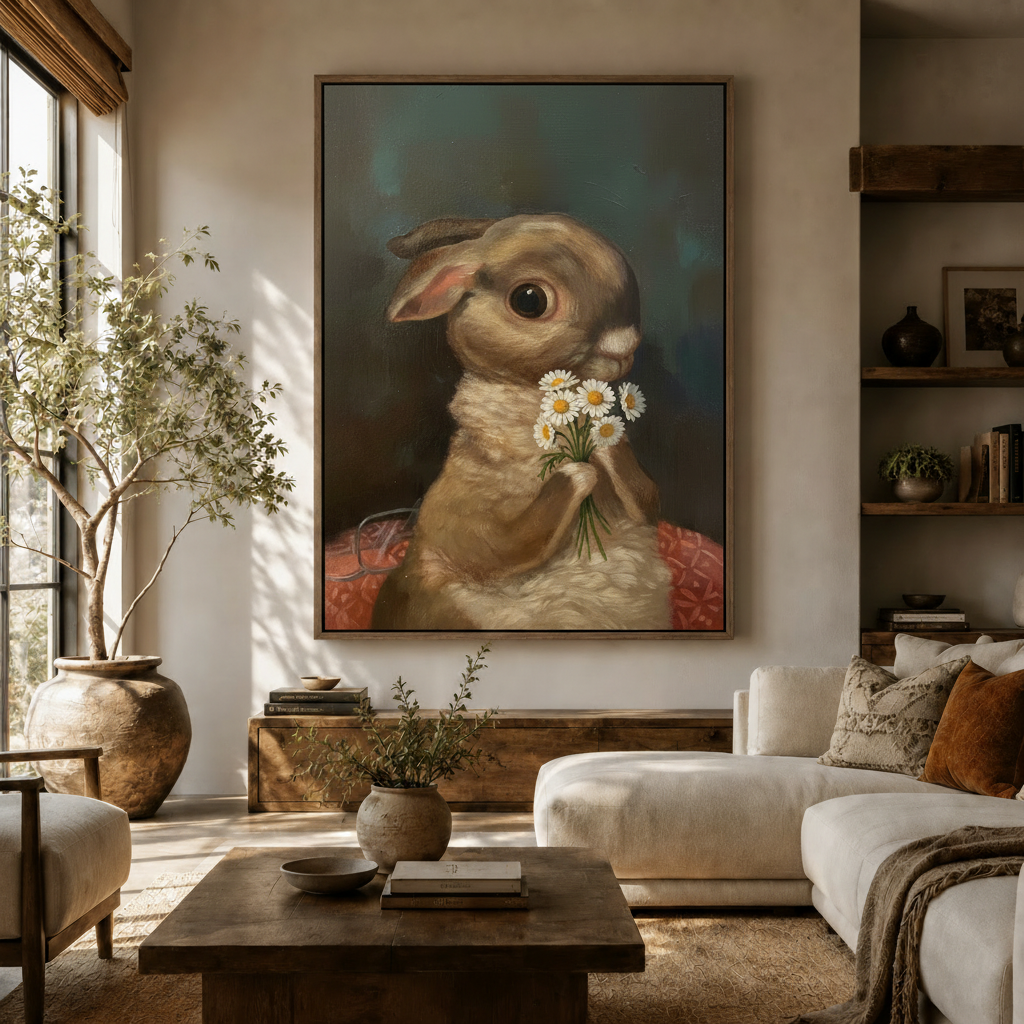 Rabbit with daisies classical oil painting canvas art in dark walnut frame above console in warm living room