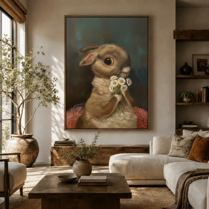 Rabbit with daisies classical oil painting canvas art in dark walnut frame above console in warm living room