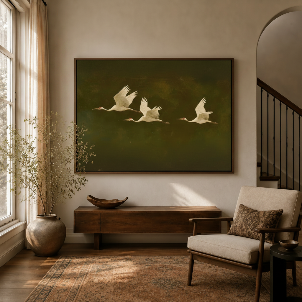 Flying cranes oil painting canvas displayed in warm neutral living room entryway above walnut console