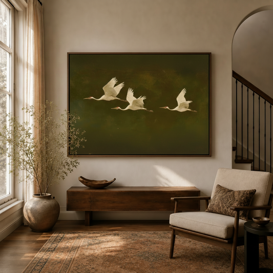 Flying cranes oil painting canvas displayed in warm neutral living room entryway above walnut console