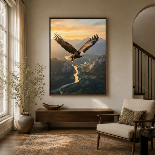 Bald eagle oil painting canvas wall art displayed in a warm entryway above a dark wood console table