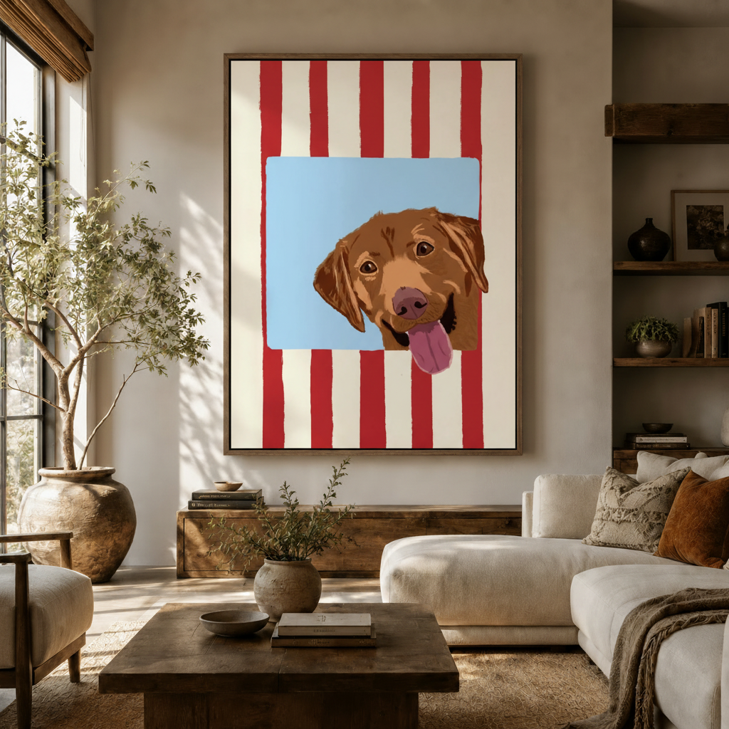 Golden retriever pop art canvas in float frame styled in a warm neutral living room