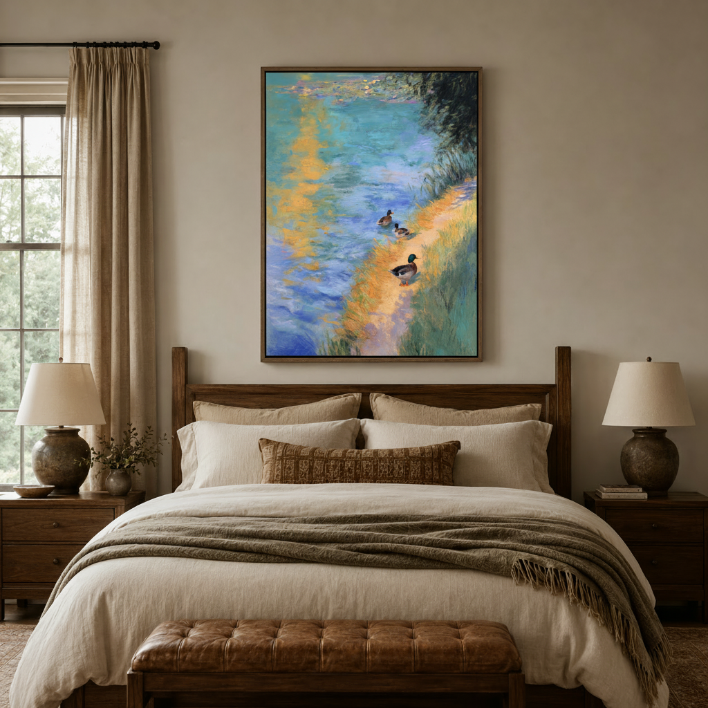 Impressionist mallard duck riverside canvas hung above walnut bed in warm neutral bedroom