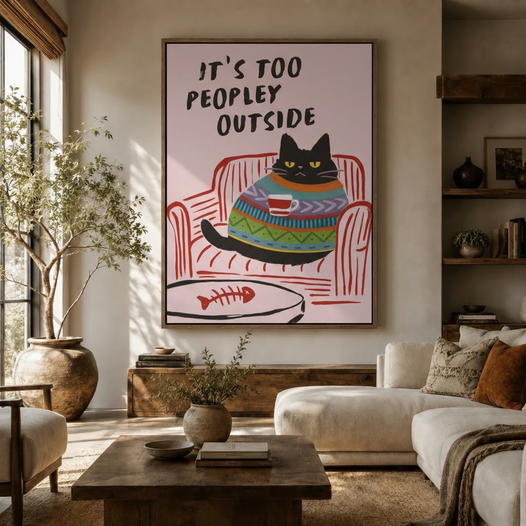 Funny black cat canvas print hanging in a cozy living room above a wooden console