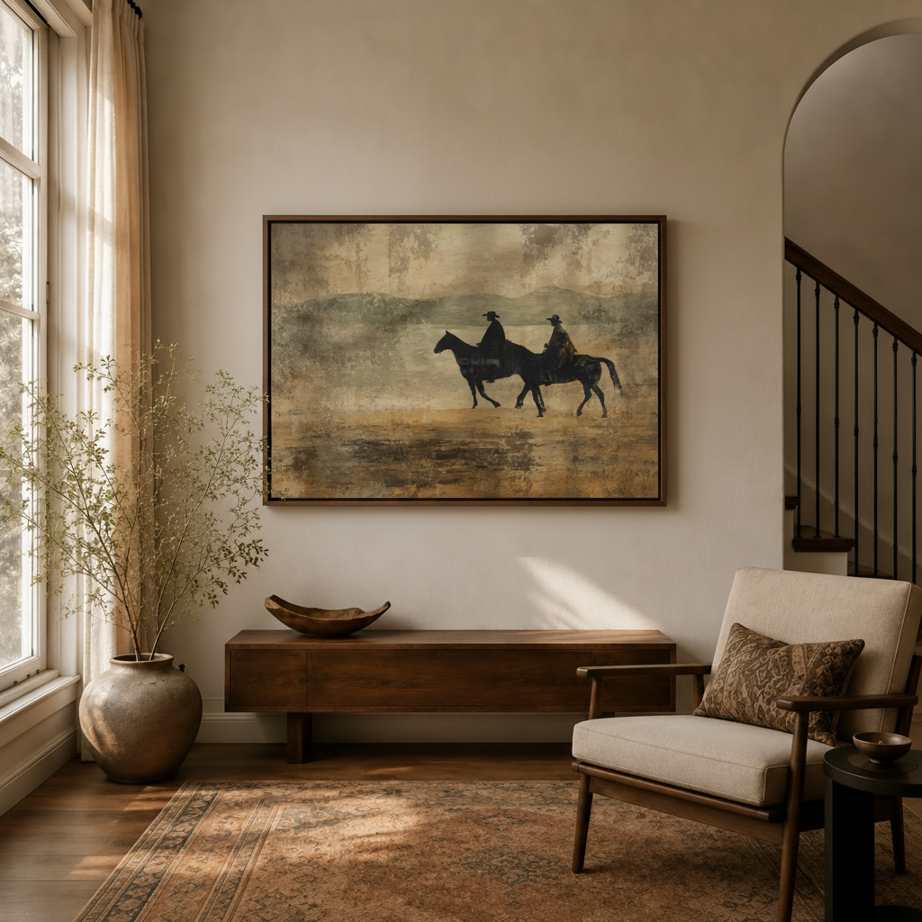 Framed rustic cowboys oil painting canvas above a white sofa in a bright living room